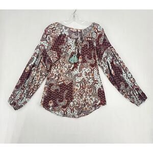 Willow Root Blouse Women s Size L Multi Floral Long Sleeve Tie Detail
